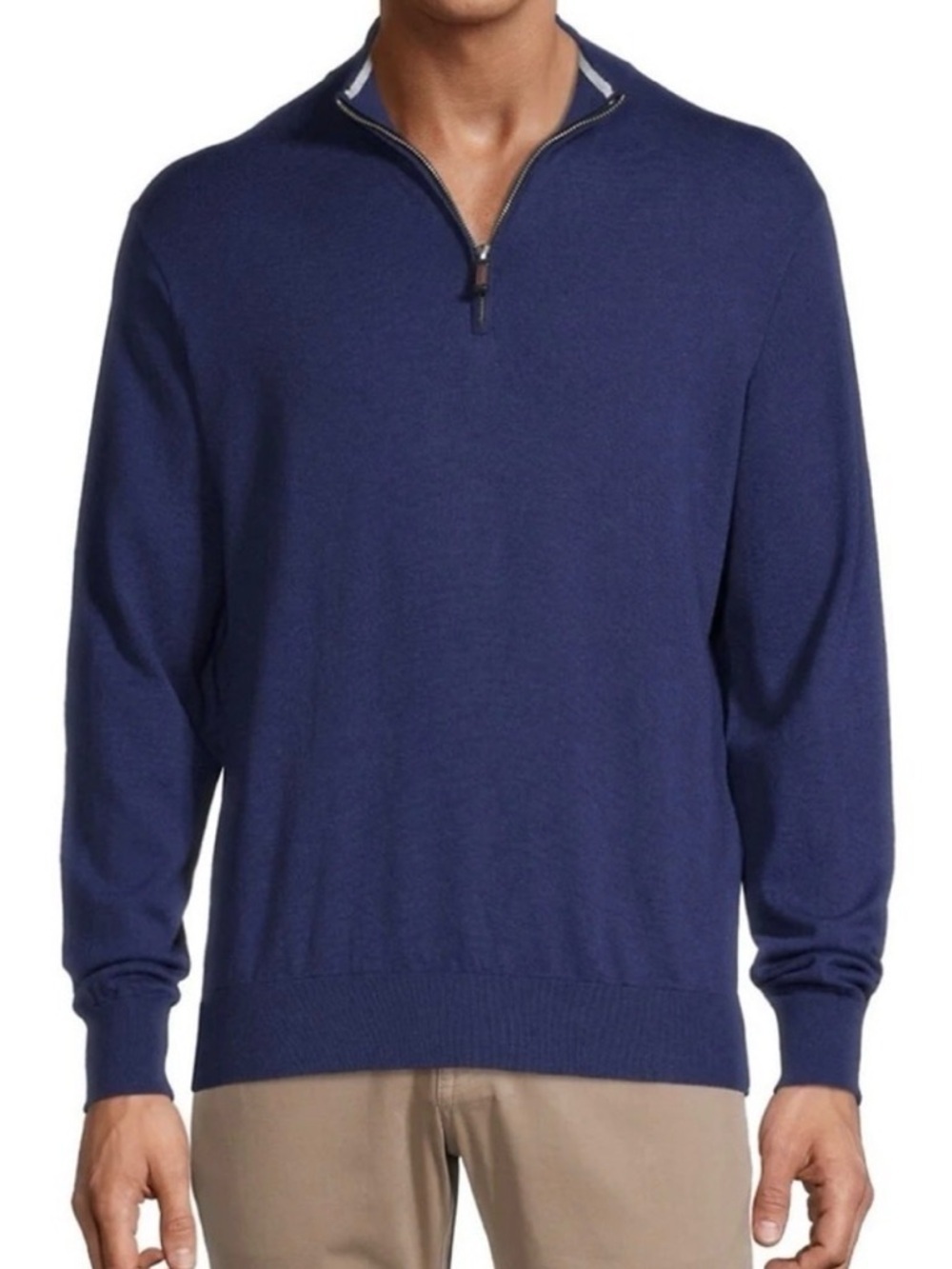 Peter Millar 1/4 Half Zip Merino Wool Blend Navy Blue Brown Trim Sweater Sz Lg